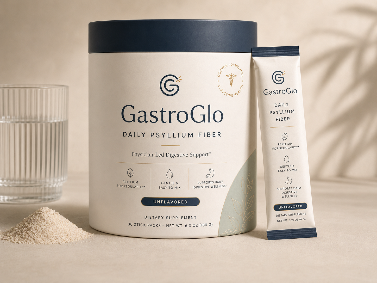 GastroGlo daily digestive health supplement container with stick packs